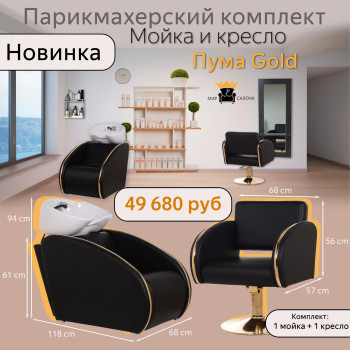 Парикмахерский комплект Пума Gold, 1 мойка с глубокой белой раковиной и 1 кресло