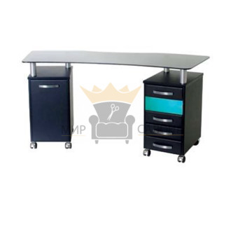 Стол маникюрный с 2 тумбами со стеклянной фигурной столешницей и УФ-блоком