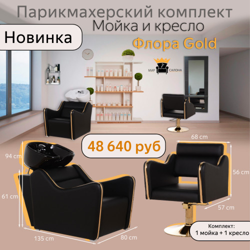 Парикмахерский комплект Флора Gold, 1 мойка с чёрной глубокой раковиной и 1 кресло. Фото 1