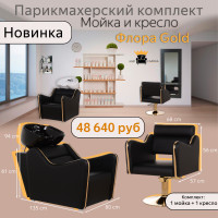 Парикмахерский комплект Флора Gold, 1 мойка с чёрной глубокой раковиной и 1 кресло. Фото 1